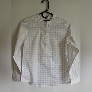 Banded Collar White Patterned Blouse Pull Over SzS 100% Cotton